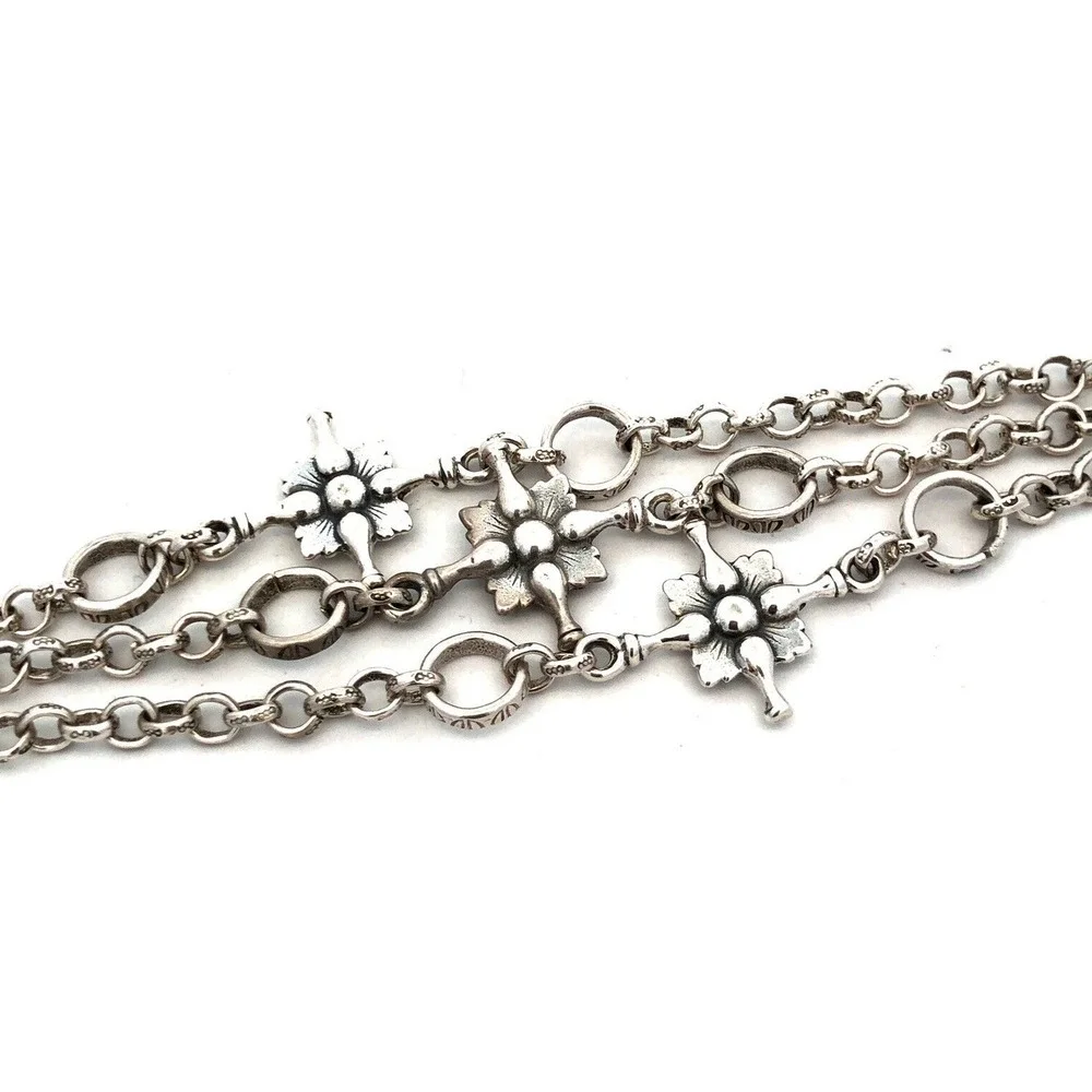 925 Sterling Silver Textured Floral Multi Strand Layered Chain Bracelet - Picture 3 of 8